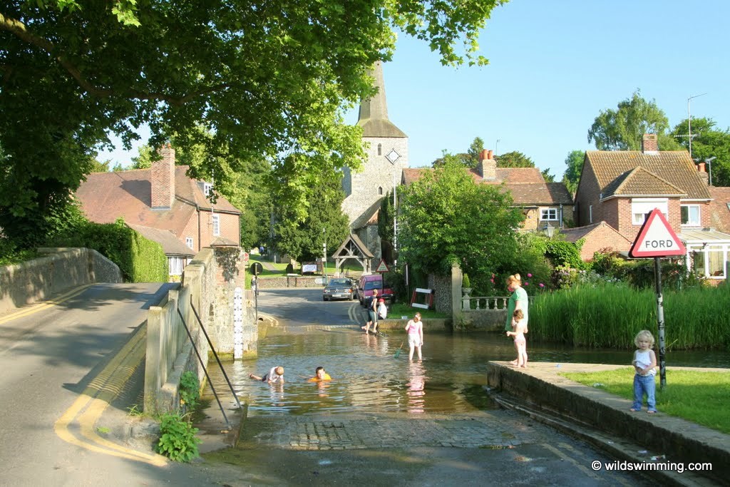 Kids and adults having fun in and around the River Darent at Eynsford.