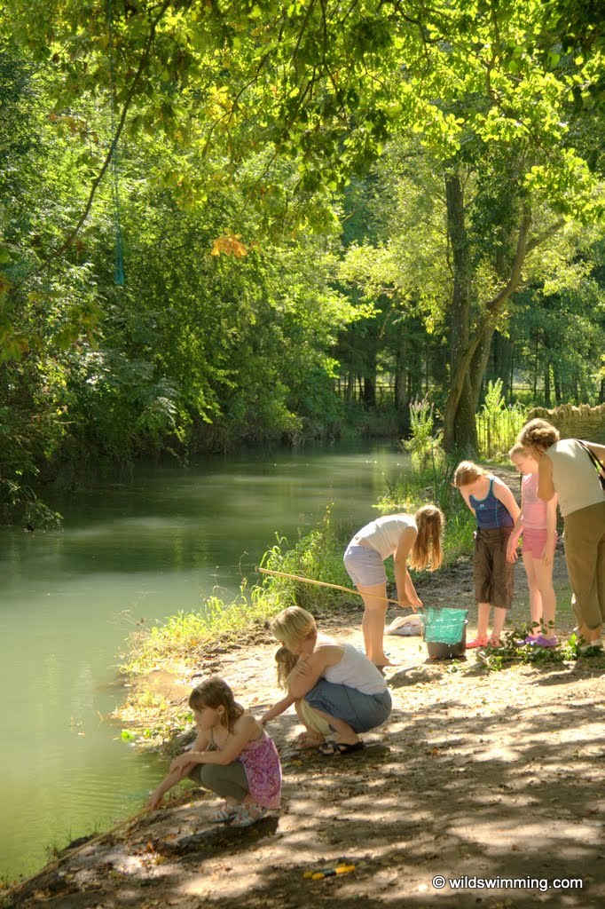 Family and kids having fun around the Windrush River in Minster Lovell.